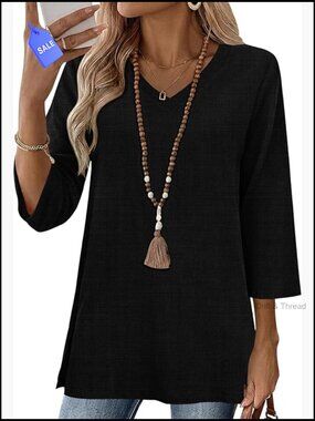 3/4 Sleeve Cotton Linen Tunic Top Loose Fit V Neck Blouse Dressy Casual